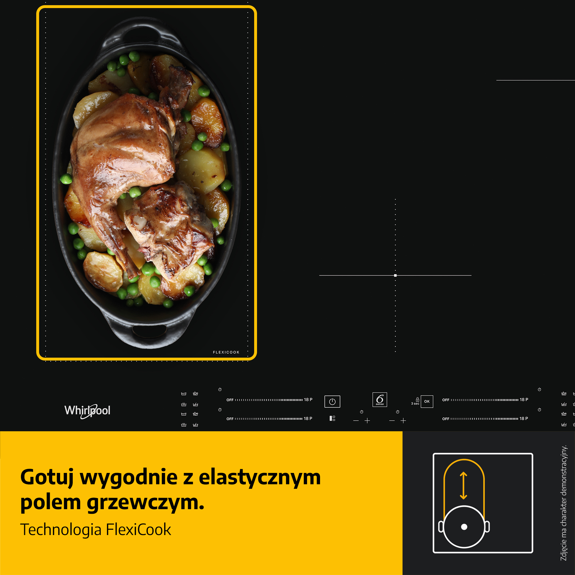 Płyta indukcyjna z daniem z pieczonego mięsa i warzyw. Płyta posiada elementy sterowania dotykowego oraz żółty baner reklamowy.