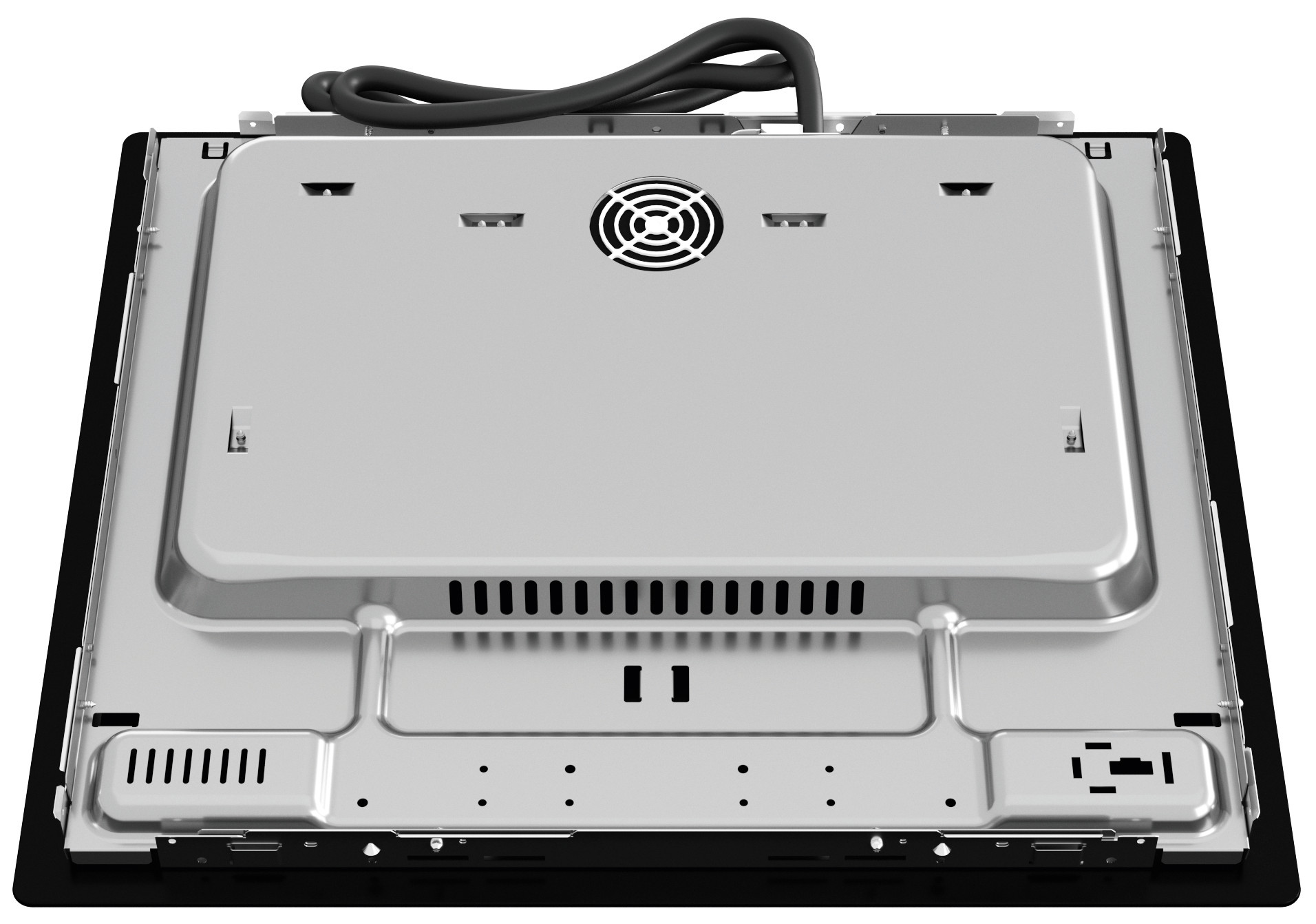 Widok od spodu płyty indukcyjnej. Ma czarną ramkę, srebrną metalową podstawę z wentylatorem i czarny przewód zasilający.