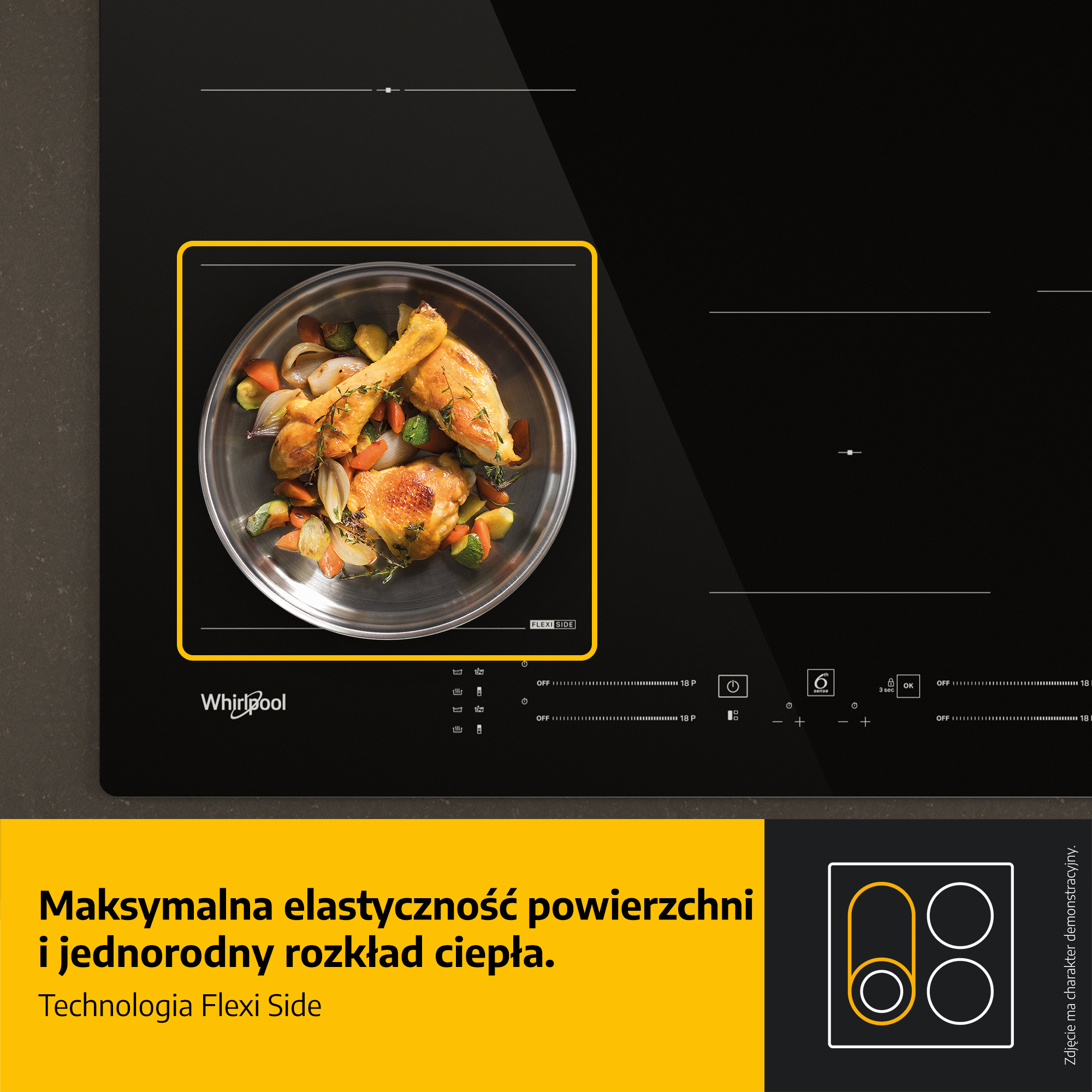 Czarna płyta indukcyjna z patelnią z gotowanym kurczakiem i warzywami. Żółto obramowana strefa gotowania. Tekst i logo na dole.