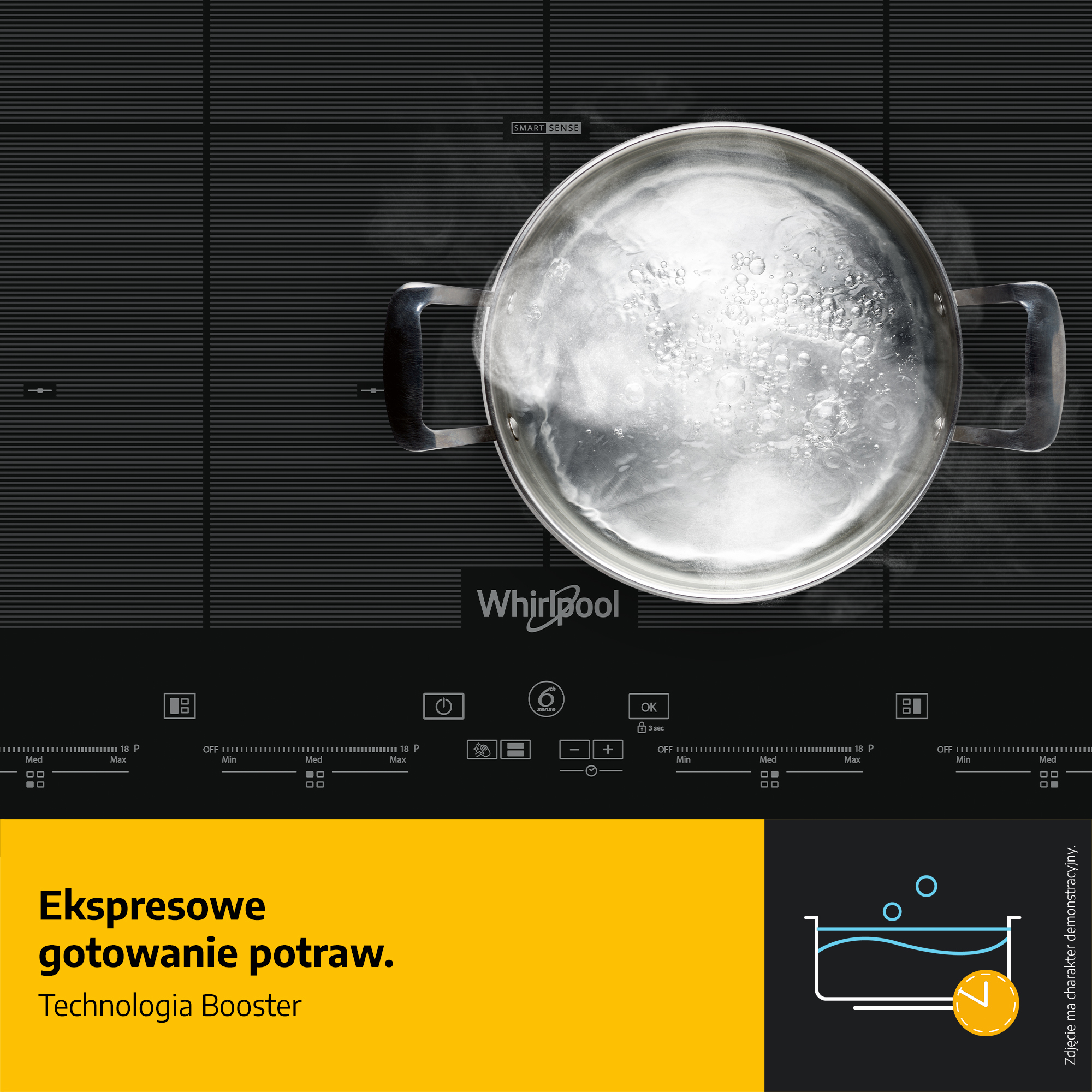 Garnek z wrzącą wodą na czarnej płycie indukcyjnej. Para unosi się w górę. Panel sterowania poniżej. Żółte pole tekstowe po lewej.