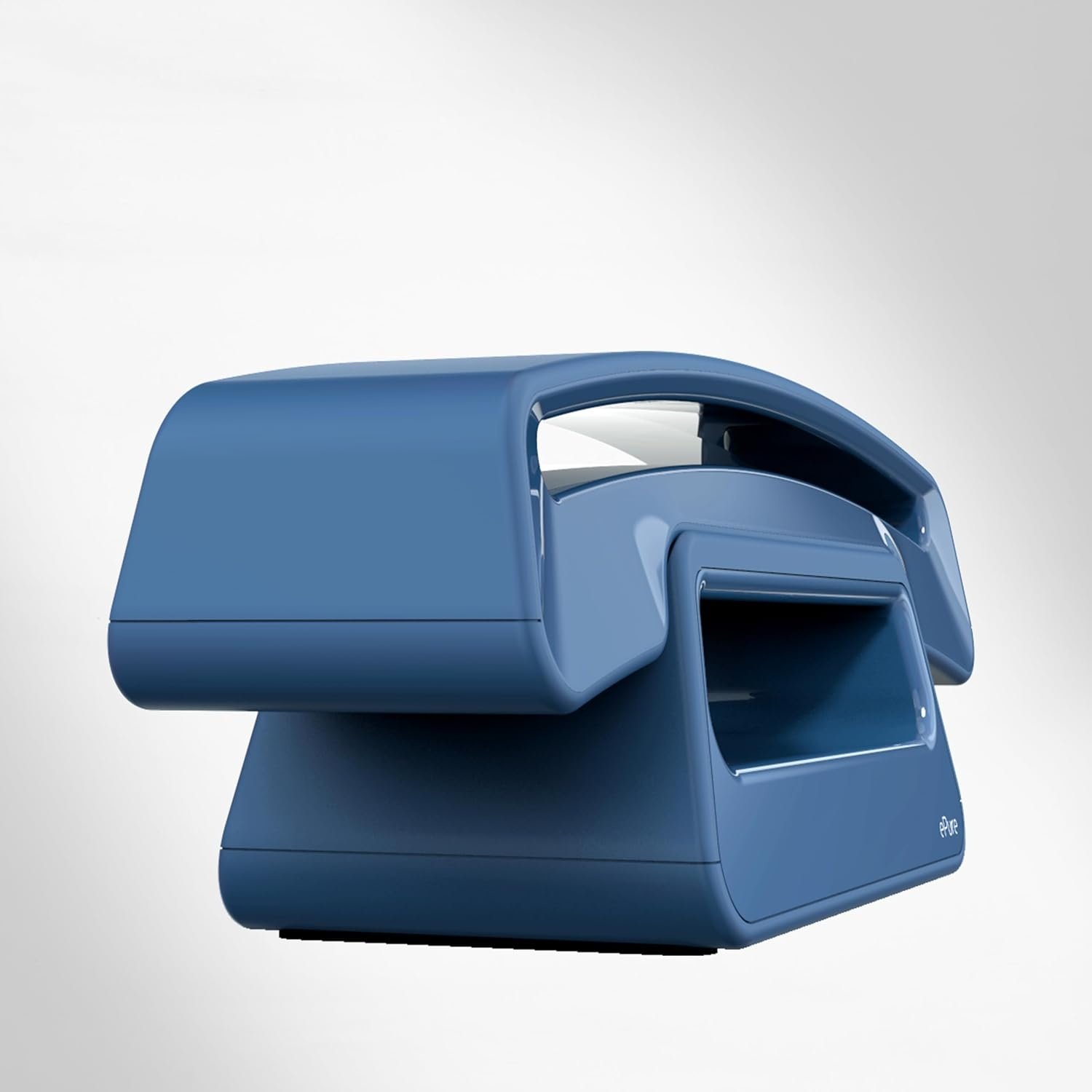 Un telefono blu dal design elegante su una superficie bianca. Il telefono ha una maniglia e il marchio 'ePure' è visibile.