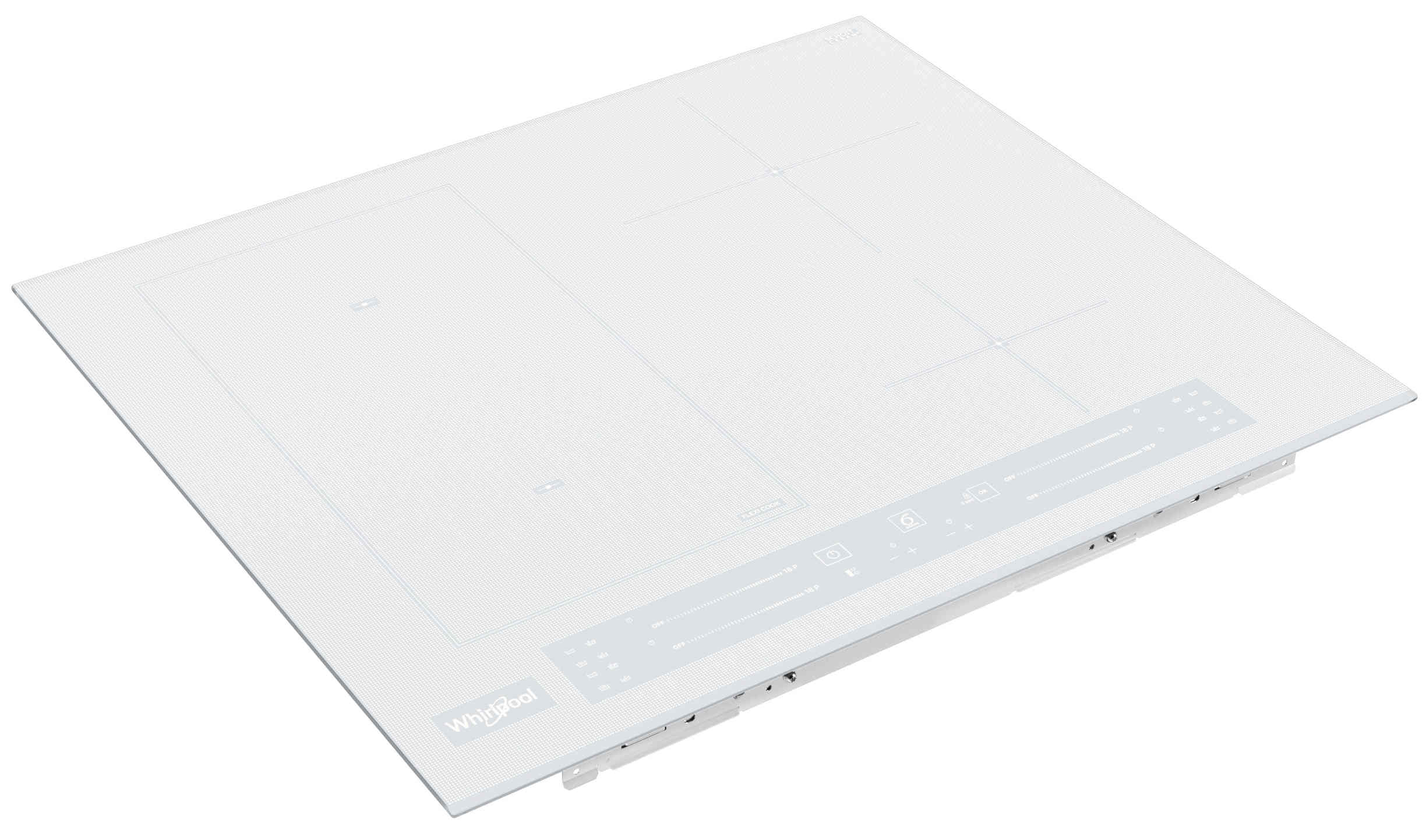 Biała płyta indukcyjna Whirlpool. Posiada cztery strefy gotowania, sterowanie dotykowe i logo Whirlpool. Design jest nowoczesny i elegancki.