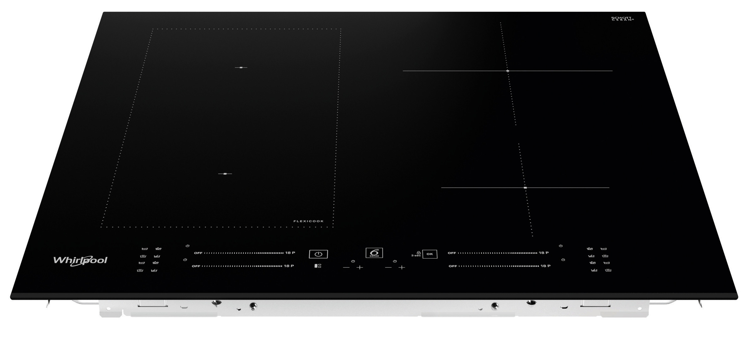 Czarna płyta indukcyjna Whirlpool. Posiada strefy FlexiCook, elementy sterowania dotykowego i ramę ze stali nierdzewnej.
