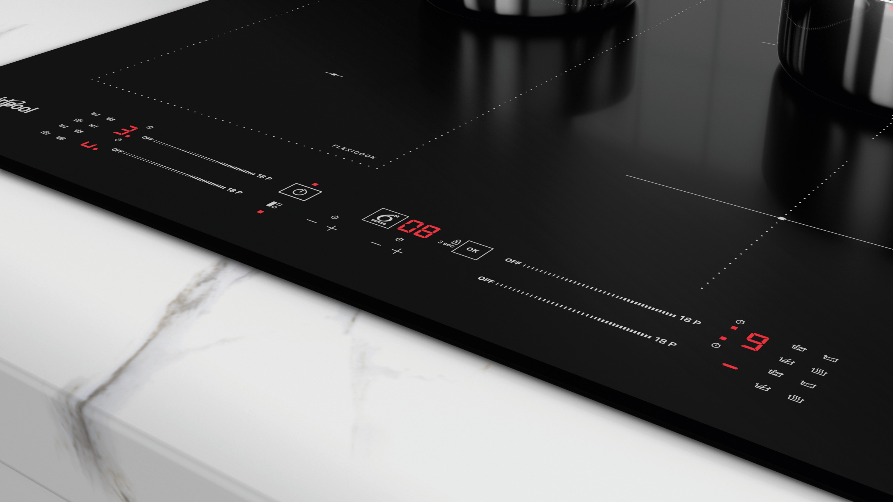 Czarna płyta indukcyjna z czerwonymi wyświetlaczami cyfrowymi. Numery wskazują ustawienia temperatury. Poniżej biały marmurowy blat.