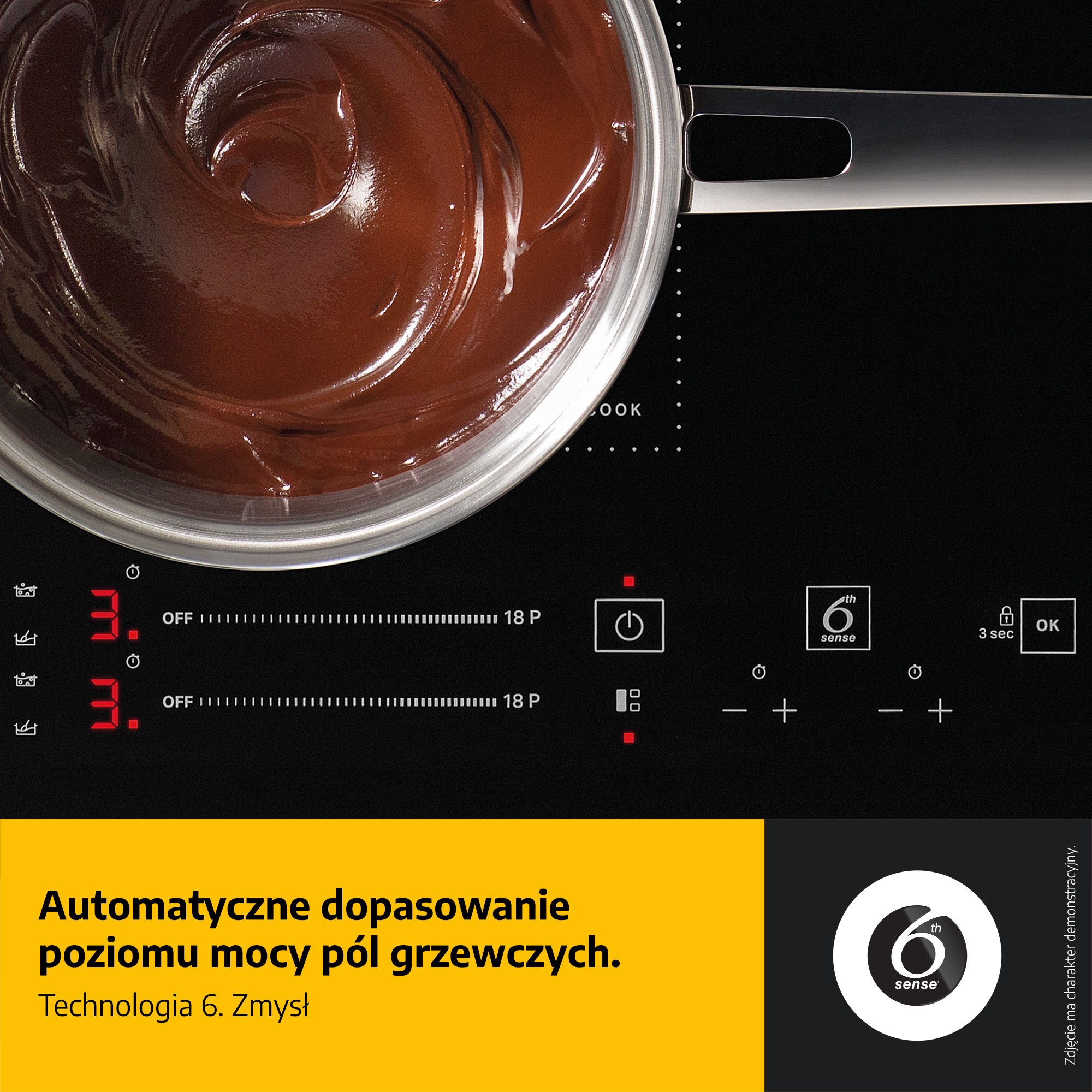 Płyta grzewcza z garnkiem sosu czekoladowego. Panel sterowania z cyframi i symbolami. Tekst: Automatyczne dopasowanie mocy grzania.