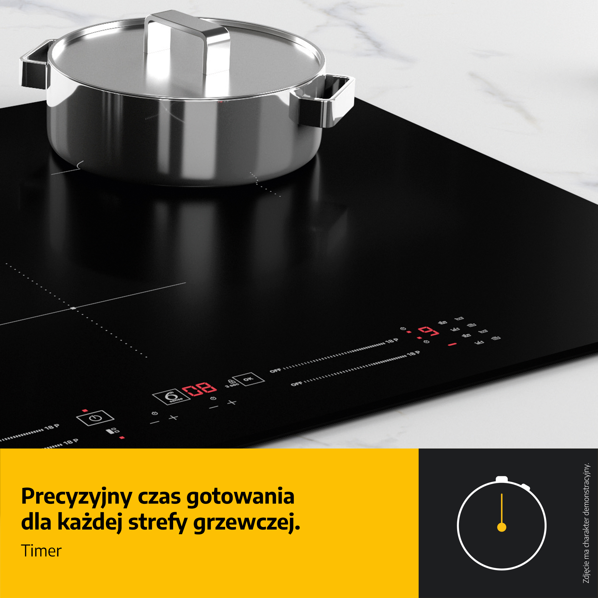 Czarna płyta indukcyjna ze srebrnym garnkiem. Ma sterowanie timerem. Tło jest białe.
