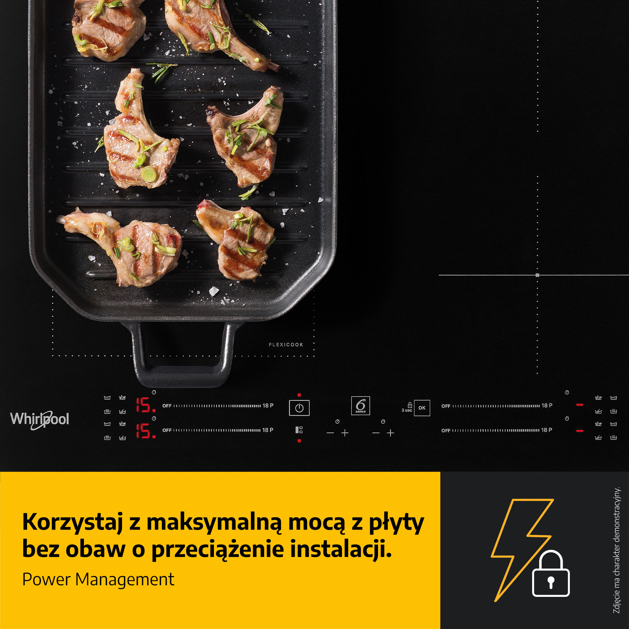 Kotlety jagnięce na grillu, czarna płyta indukcyjna z kontrolkami, żółte pole tekstowe i ikona błyskawicy.