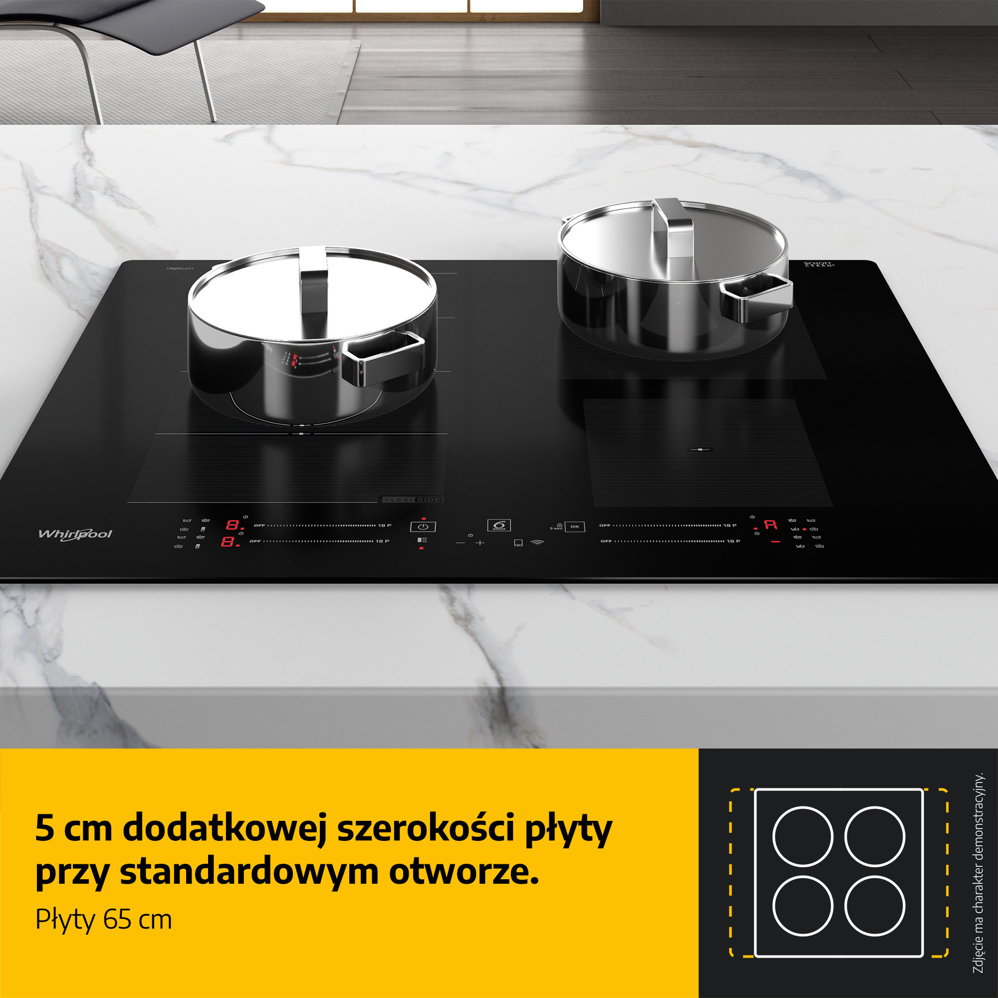 Czarna płyta indukcyjna Whirlpool z dwoma garnkami. Widoczne czerwone cyfry i panel sterowania. Marmurowy blat w tle.