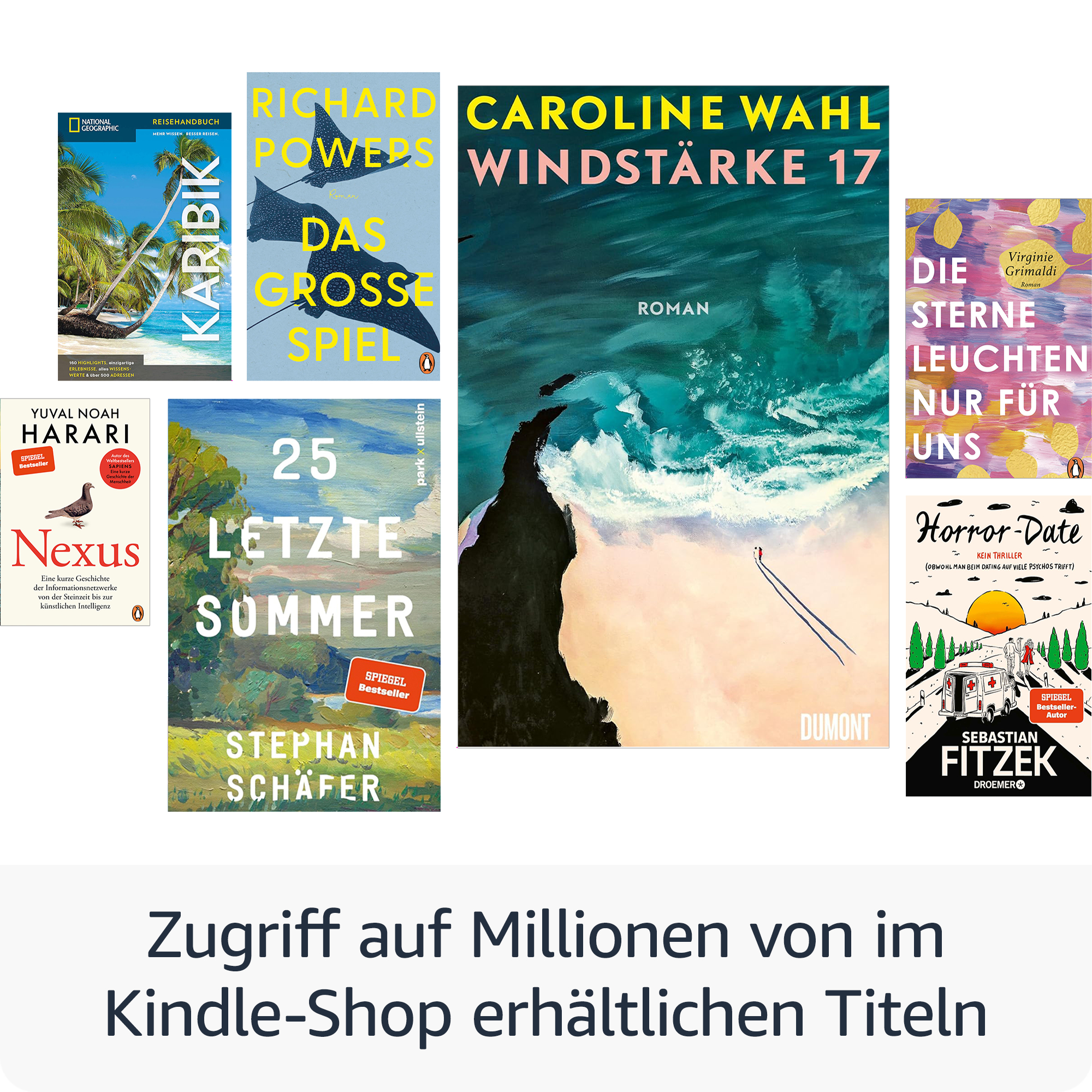 Sammlung von Buchcovern. Titel sind u.a. 'Karibik', 'Das Grosse Spiel', 'Windstärke 17' und 'Nexus'.