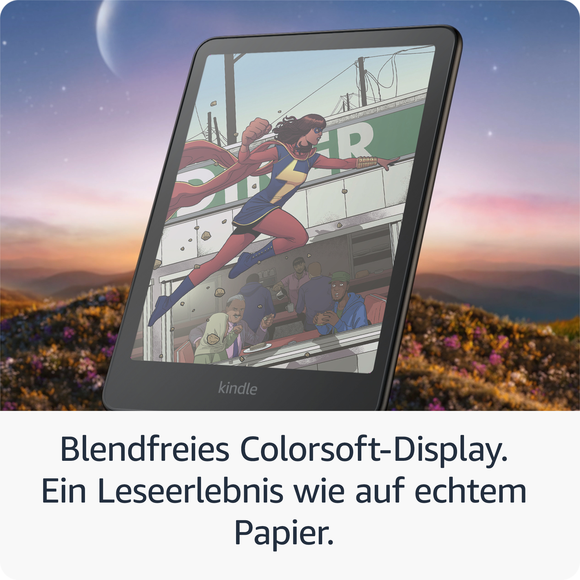 Kindle zeigt Comic-Szene, Charakter fliegt. Hintergrund: Sonnenuntergang, Blumen.