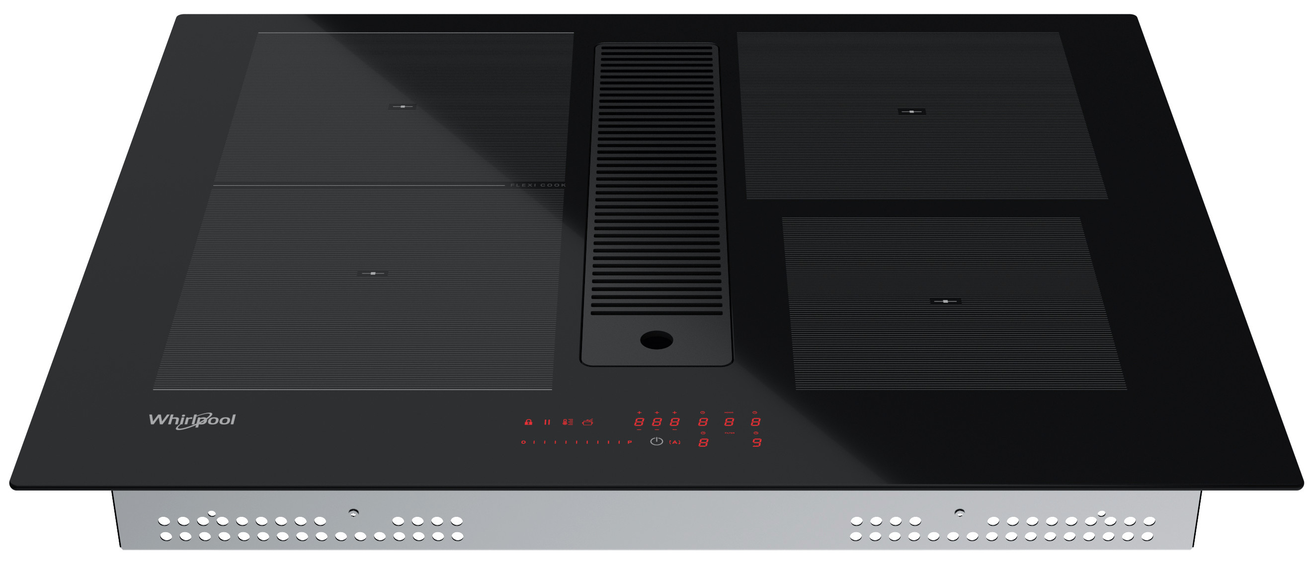 Czarna płyta indukcyjna Whirlpool z czterema palnikami, centralnym wentylatorem i wyświetlaczem cyfrowym. Podstawa srebrna.