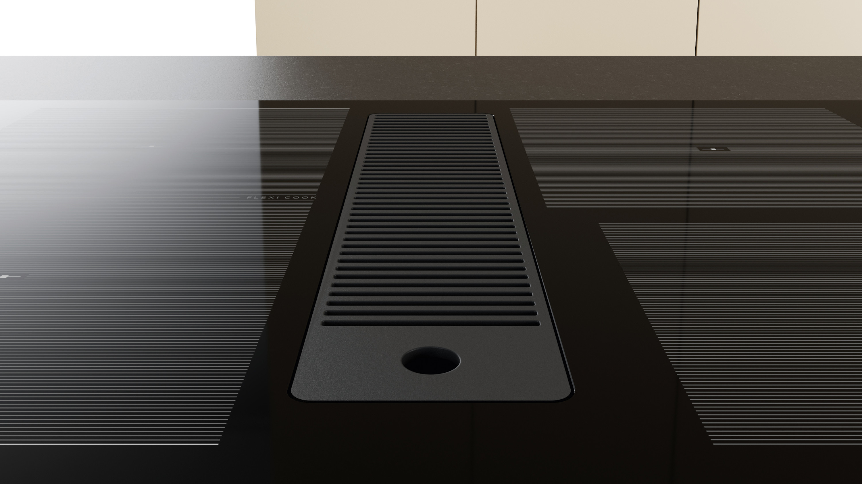 Czarna płyta indukcyjna z wbudowanym systemem wentylacji. Płyta ma cztery strefy. Wentylacja to czarny grill pośrodku.