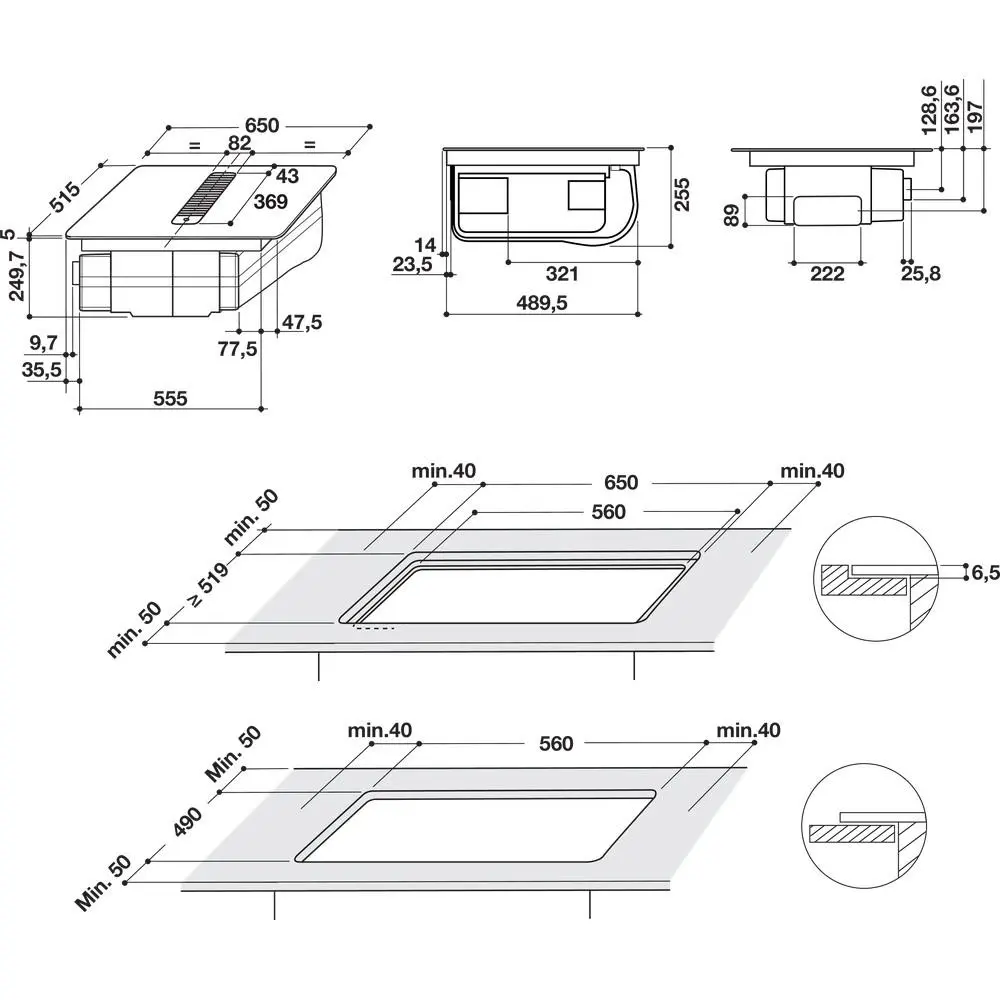 Rysunek techniczny płyty grzewczej z wymiarami w milimetrach. Zawiera widok z góry, z boku i z przodu, ze szczegółowymi pomiarami.