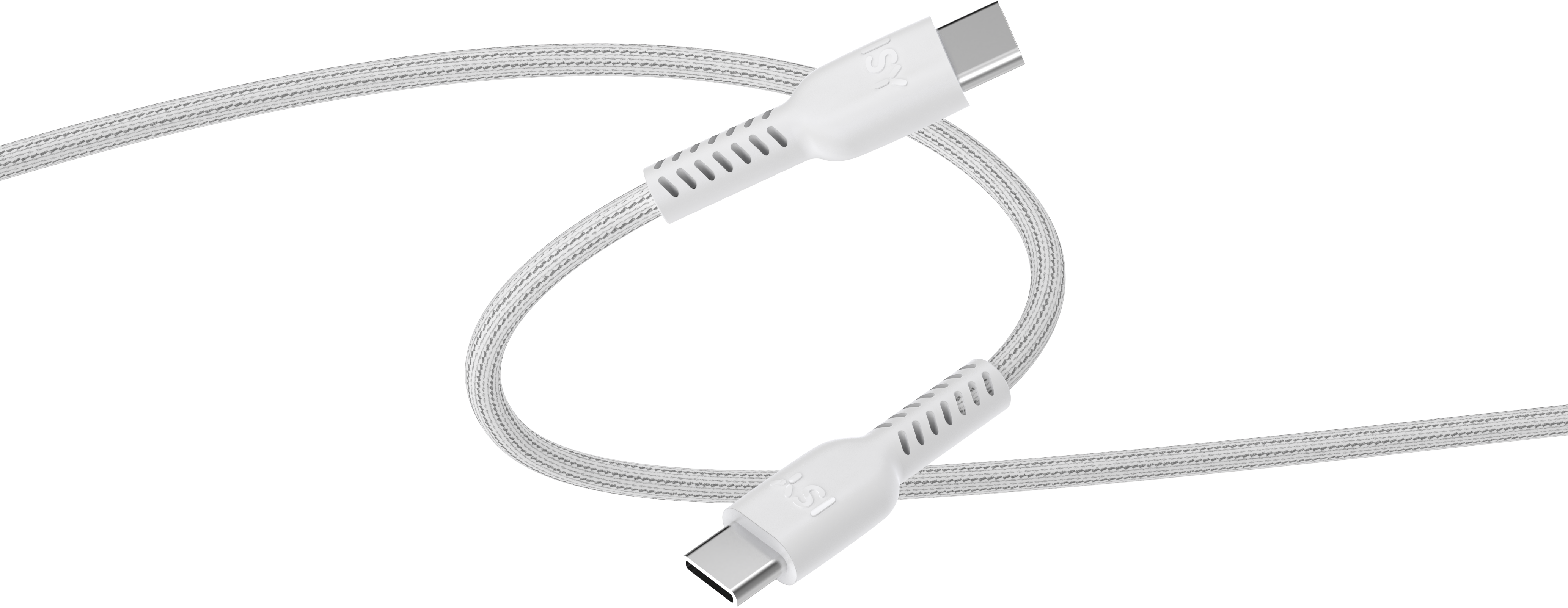 Fehér USB-C kábel, szövet-szerű textúrával. A kábel fekete háttér előtt ível, mindkét végét mutatva.
