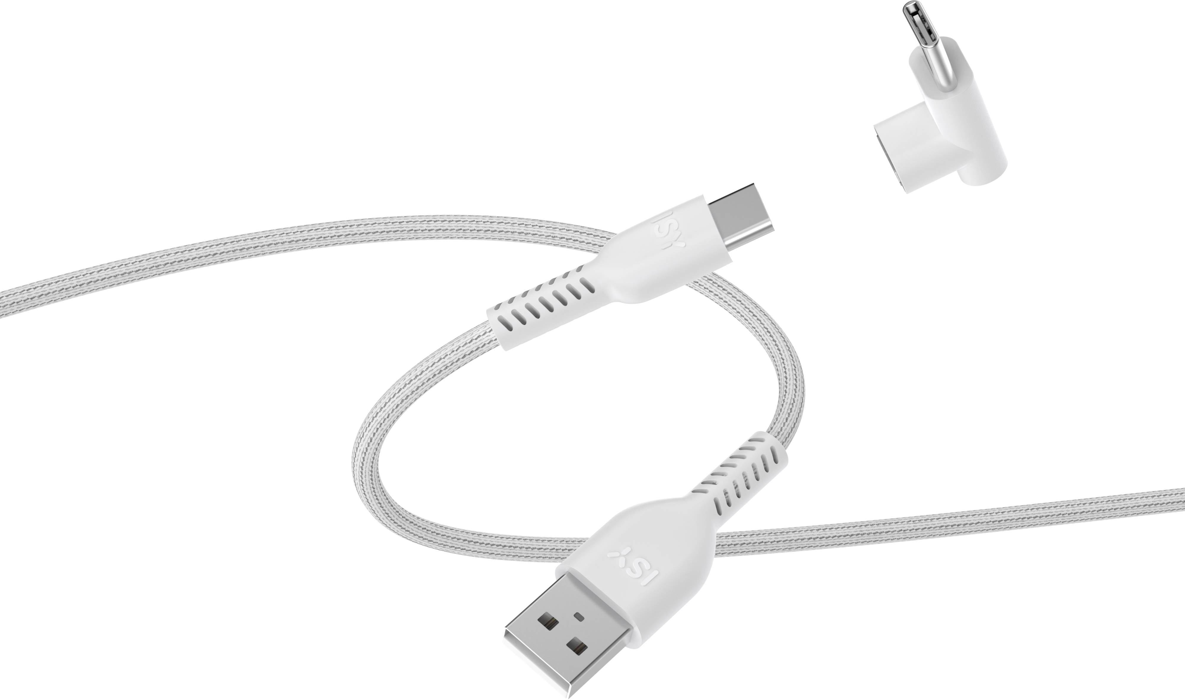 Fehér USB-kábel USB-A és USB-C csatlakozóval. Külön szögletes dugó is látható. Mindez fekete háttér előtt.