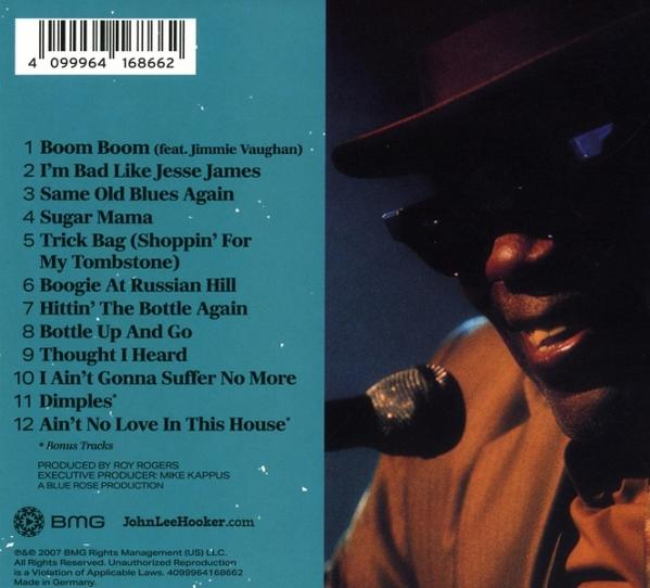 CD-Cover mit Songtiteln und einem Foto eines Mannes mit Mikrofon. Das Album ist von John Lee Hooker.