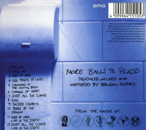 Albumcover mit Blautönen. Enthält Text über das Album „More Balls to Picasso“, Titelliste und BMG-Logo.