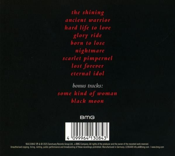 Schwarzer Hintergrund mit rotem Text, der Songtitel wie 'The Shining' und 'Ancient Warrior' auflistet. Enthält einen Barcode und das BMG-Logo.