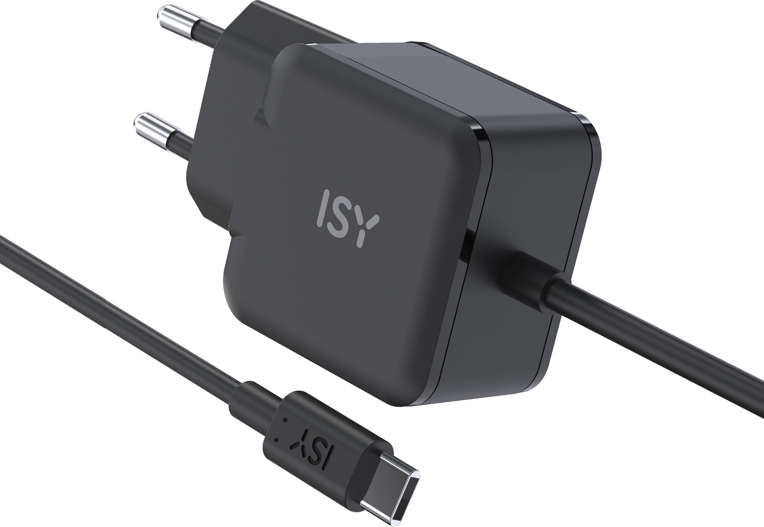 Fekete telefontöltő ISY márkával és USB-C kábellel fekete háttéren.