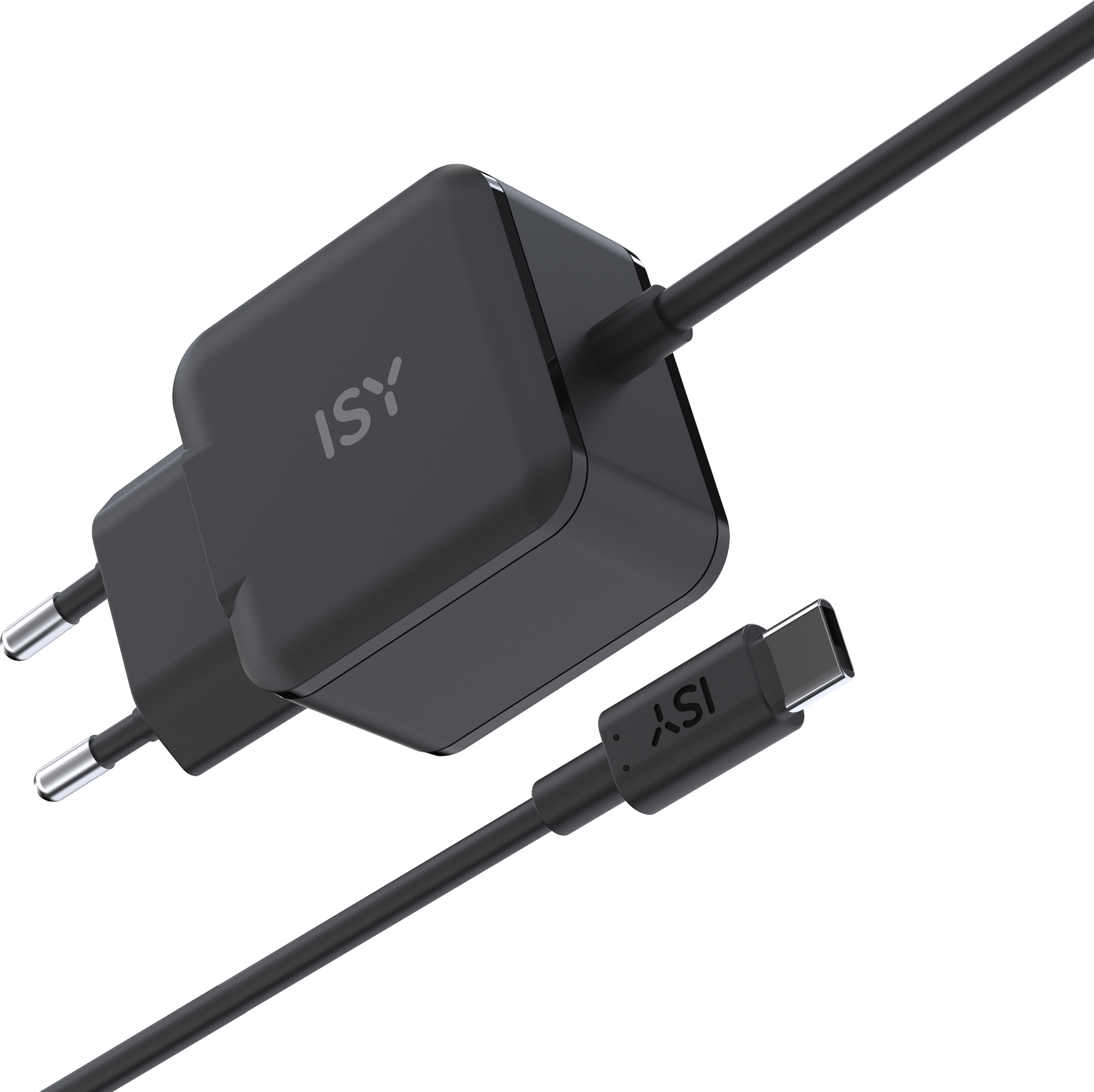 Fekete ISY töltő USB-C kábellel. A töltőnek két csatlakozója van, a kábelen az ISY logó. Fekete háttér.