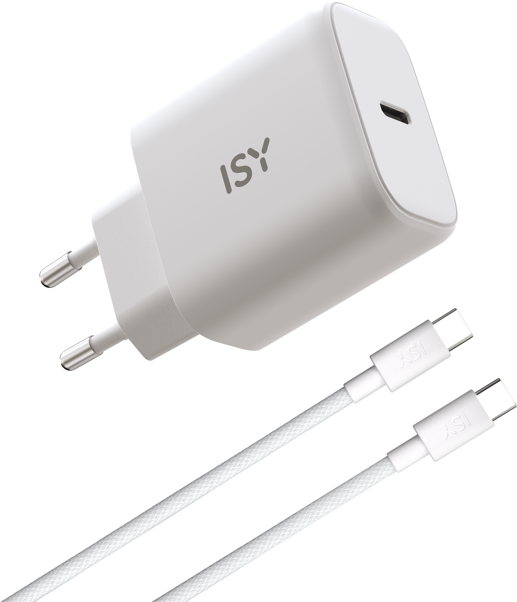 Egy fehér ISY töltő két fehér USB-C kábellel fekete háttérben. A töltő két csatlakozóval rendelkezik.