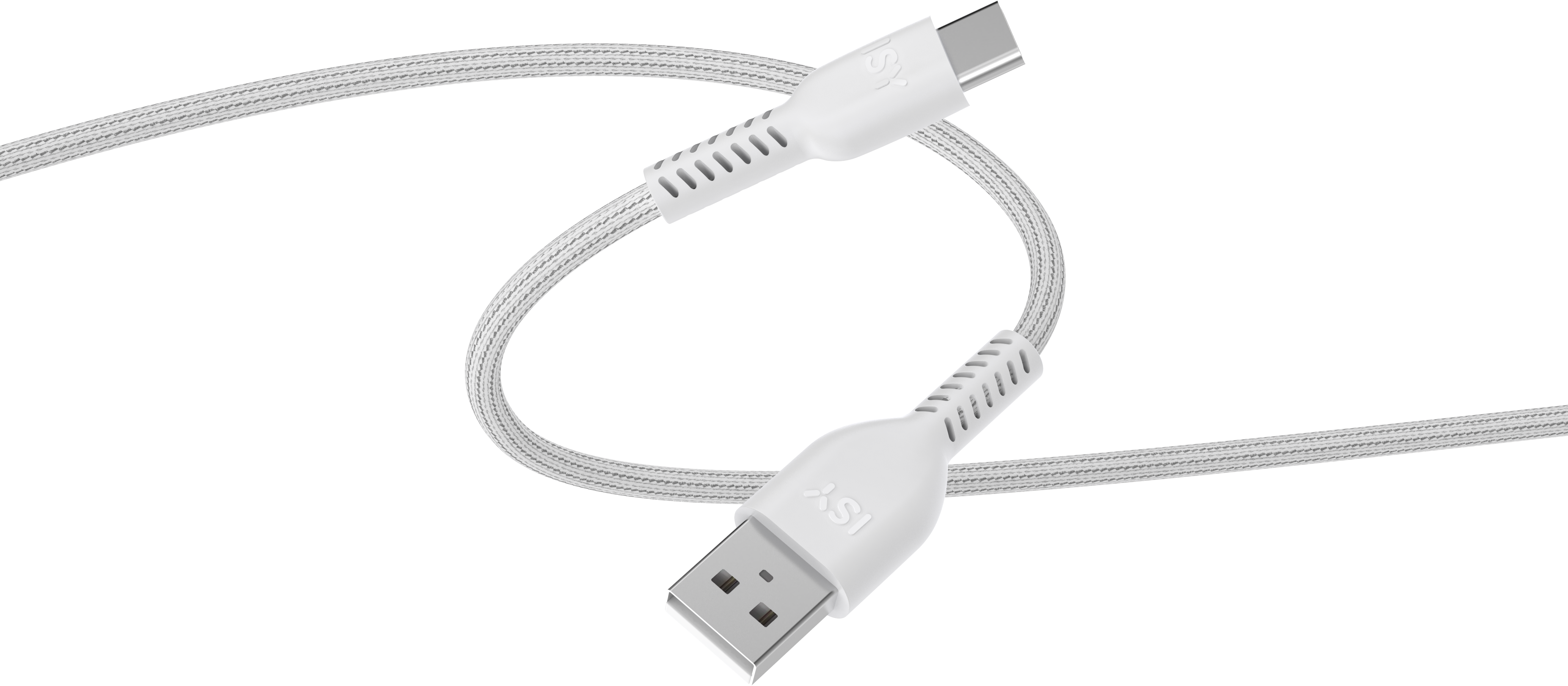 Fehér USB-C-USB kábel fonott kialakítással. A kábel fekete háttér előtt látható.