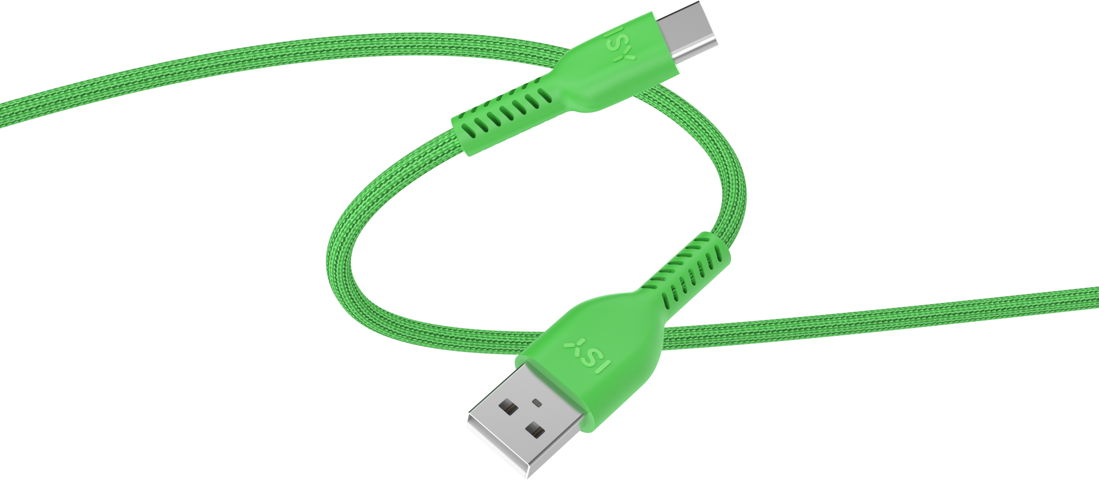 Egy zöld USB-C-USB kábel, zöld csatlakozókkal és fonott kábellel, fekete háttér előtt.