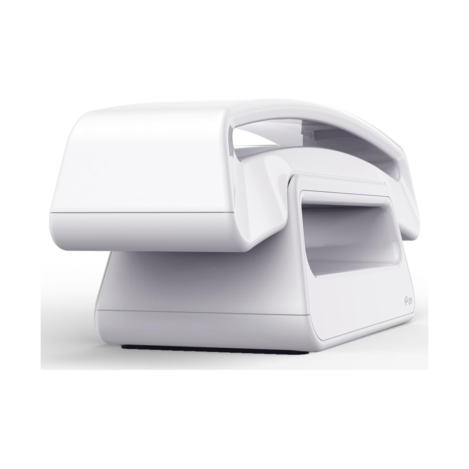 Un telefono bianco e moderno con maniglia e base curve, su sfondo bianco. Il telefono ha un design elegante e minimalista.