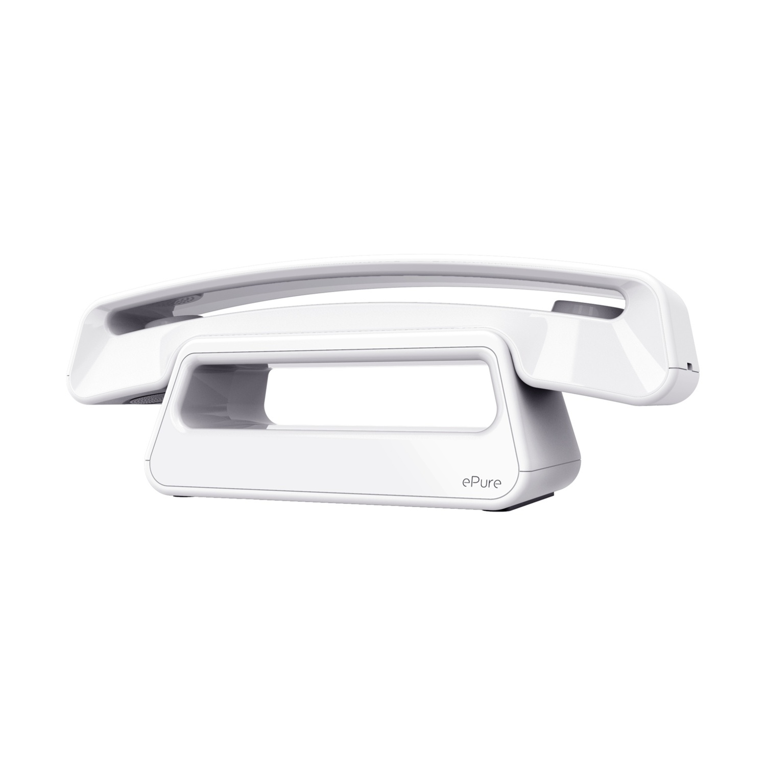Un telefono ePure bianco su una superficie bianca. Il telefono ha una maniglia curva, una base e il logo ePure.