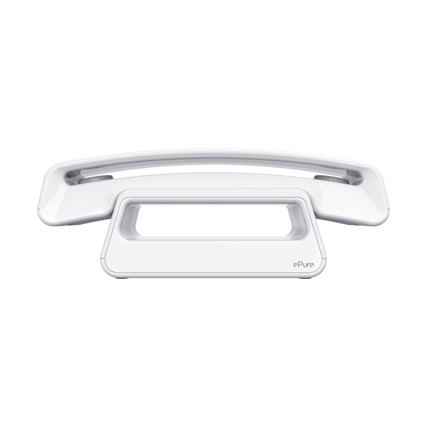 Un telefono ePure bianco, con una cornetta curva e una base. La base ha il logo ePure. Lo sfondo è bianco.