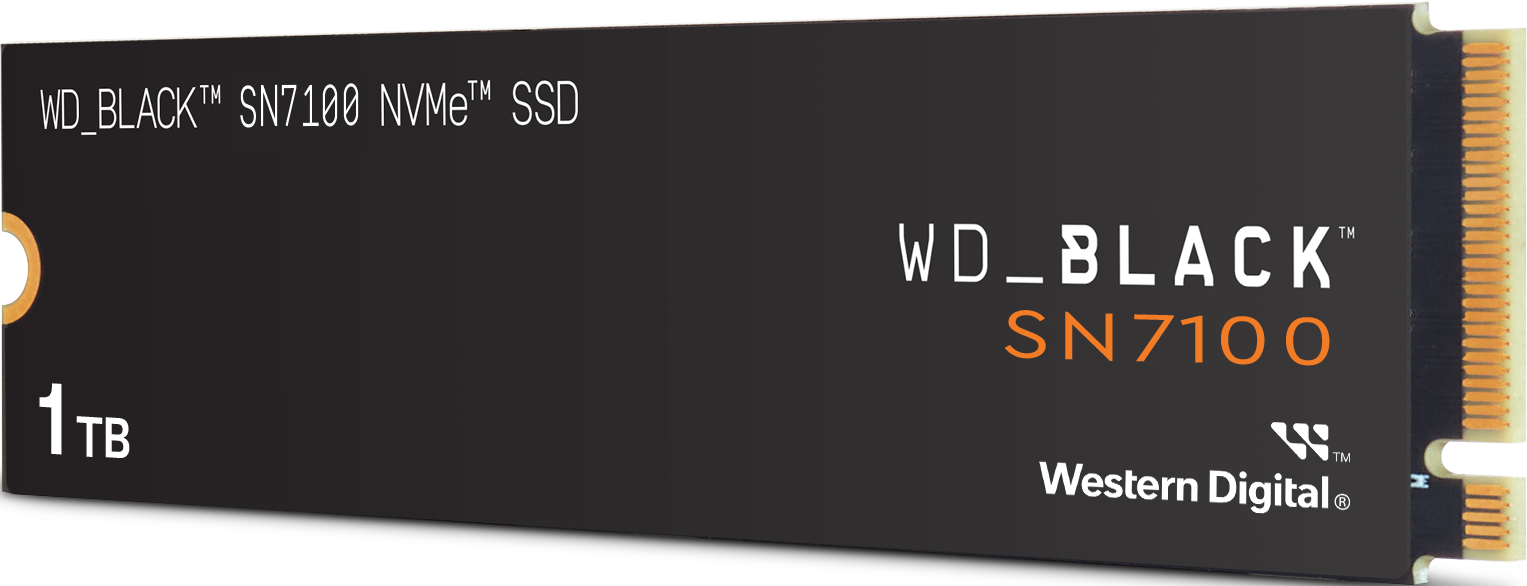 Schwarze WD_BLACK SN7100 NVMe SSD. Logo, SN7100 in Orange, Western Digital Logo. '1TB' steht auch drauf.