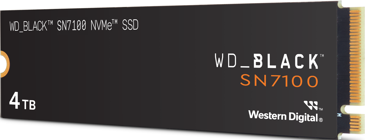WD_BLACK SN7100 NVMe SSD in Schwarz. Auf der Vorderseite stehen Marke, Modell und Kapazität von 4 TB.