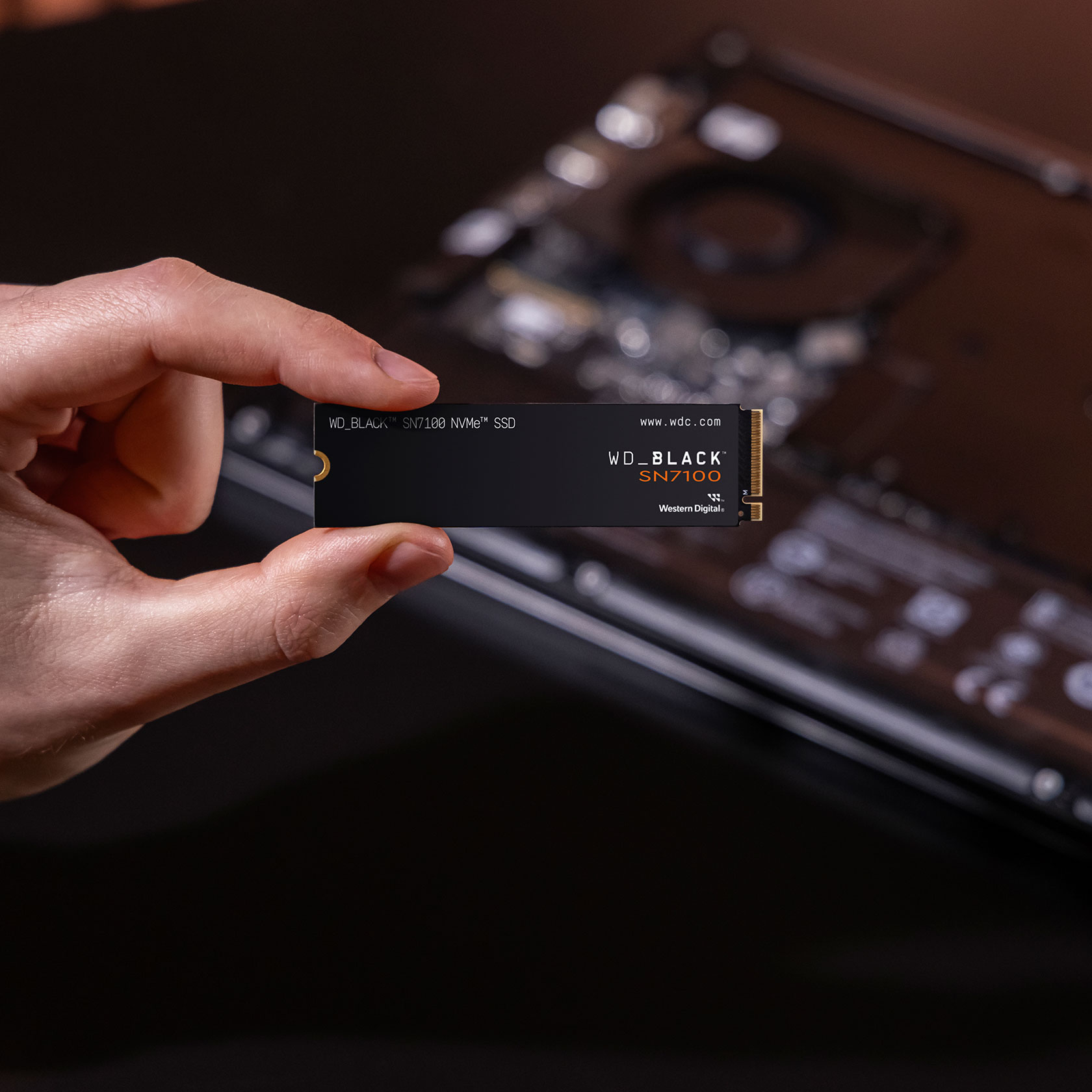 Hand hält eine schwarze WD_BLACK SN7100 NVMe SSD. Der Hintergrund ist ein verschwommener Laptop.