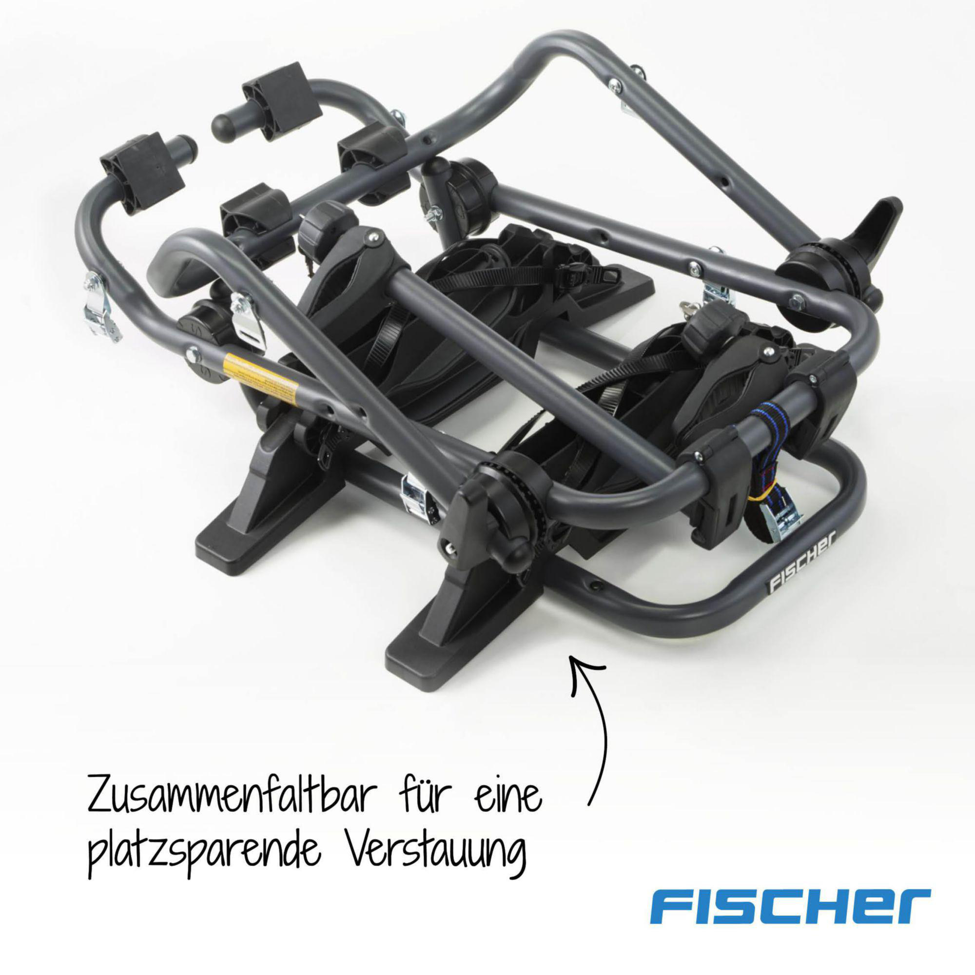 Grauer, zusammenklappbarer Fahrradträger auf weißem Hintergrund. Text: "Zusammenfaltbar für platzsparende Verstauung".