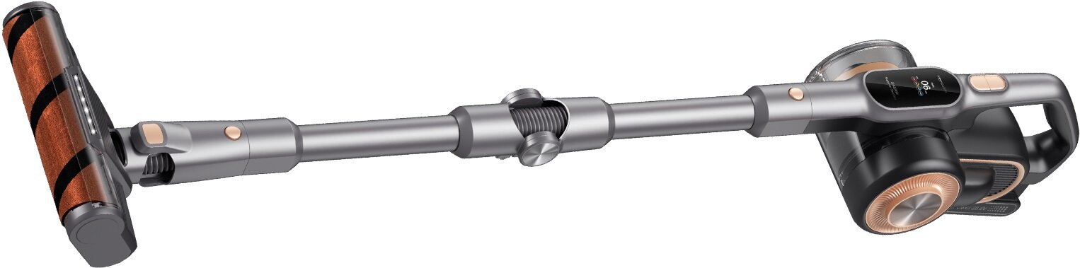 Odkurzacz bezprzewodowy z szarym korpusem, miedzianymi akcentami i brązową głowicą szczotki z czarnymi paskami.