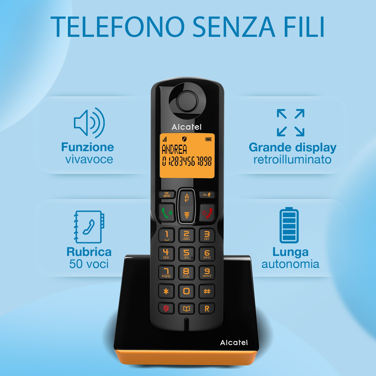 Un telefono cordless Alcatel nero su una base nera e arancione. Include vivavoce, ampio display retroilluminato, rubrica e lunga durata della batteria.