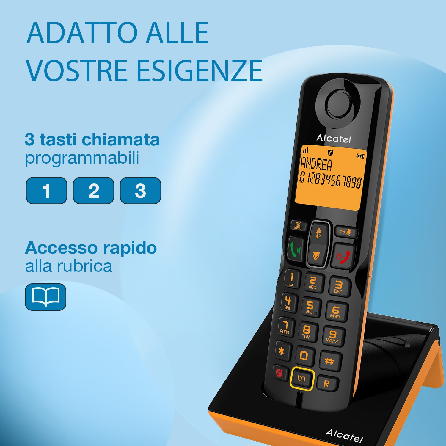 Un telefono cordless Alcatel con display e tastiera arancioni. Lo schermo mostra un nome e un numero di contatto. La base è arancione e nera.