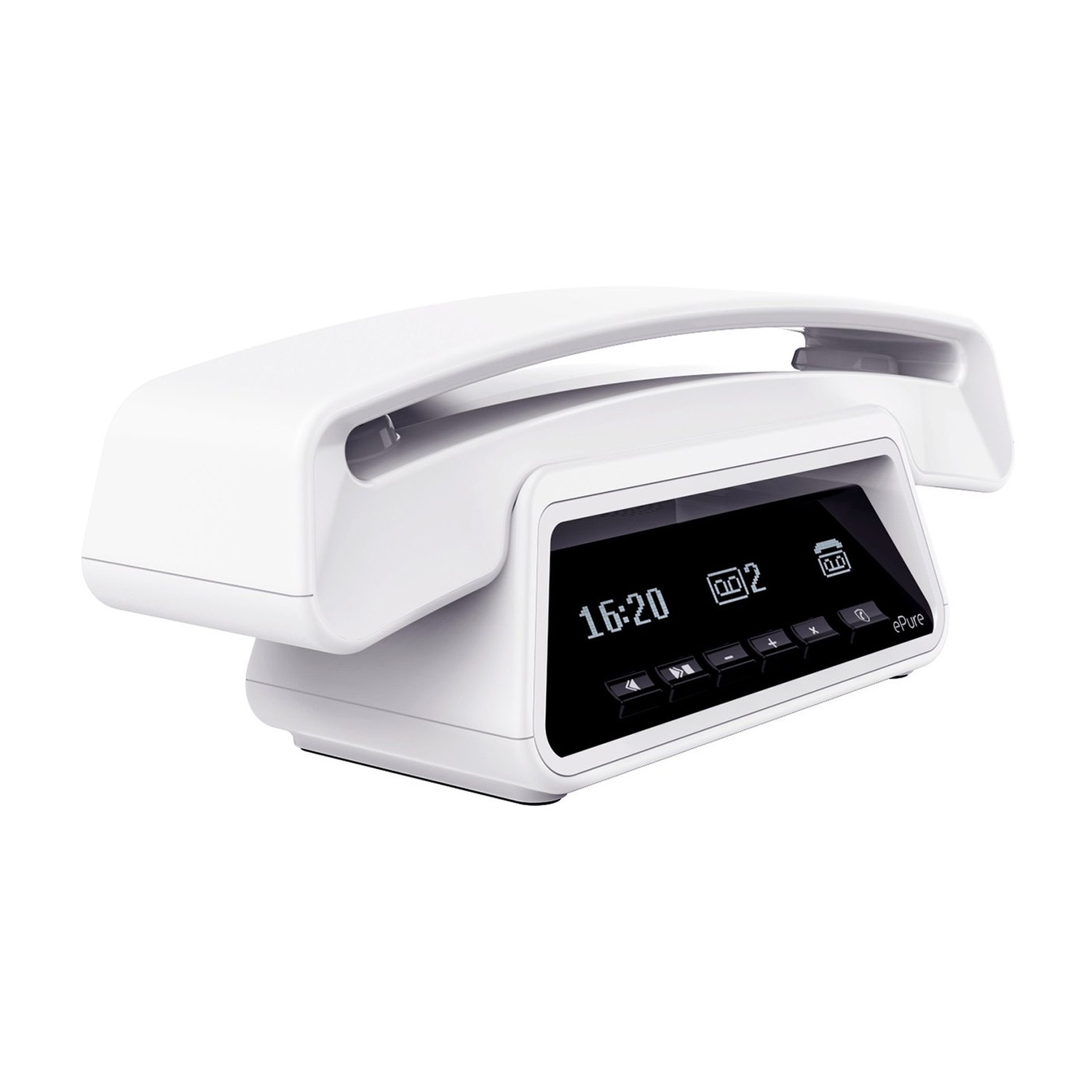 Un telefono fisso bianco e moderno. Ha un display digitale che mostra l'ora e i pulsanti. L'auricolare è sopra la base.