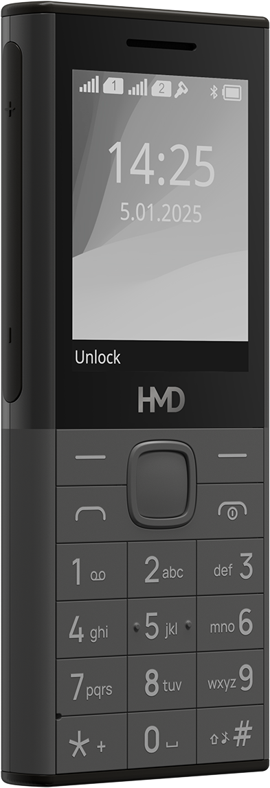 Fekete HMD telefon időt, dátumot és jelerősséget mutat. Számgombok és egy központi gomb található rajta.