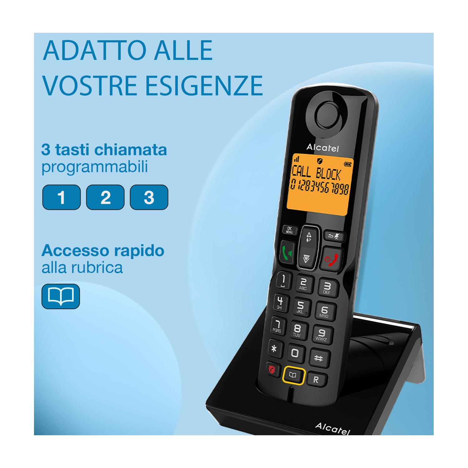 Un telefono Alcatel nero con display arancione e tasti numerici è su una base nera. Testo in italiano sullo sfondo.