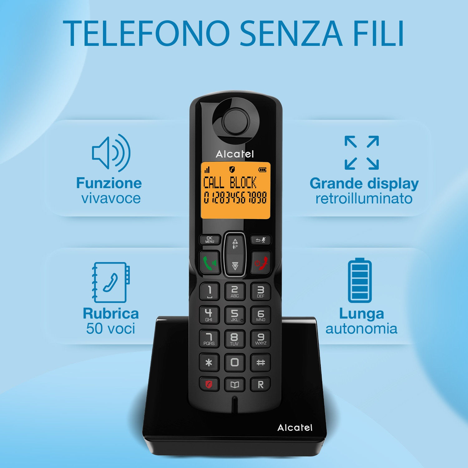 Telefono cordless Alcatel nero su una base di ricarica, con schermo che mostra un numero di telefono e icone delle funzioni.