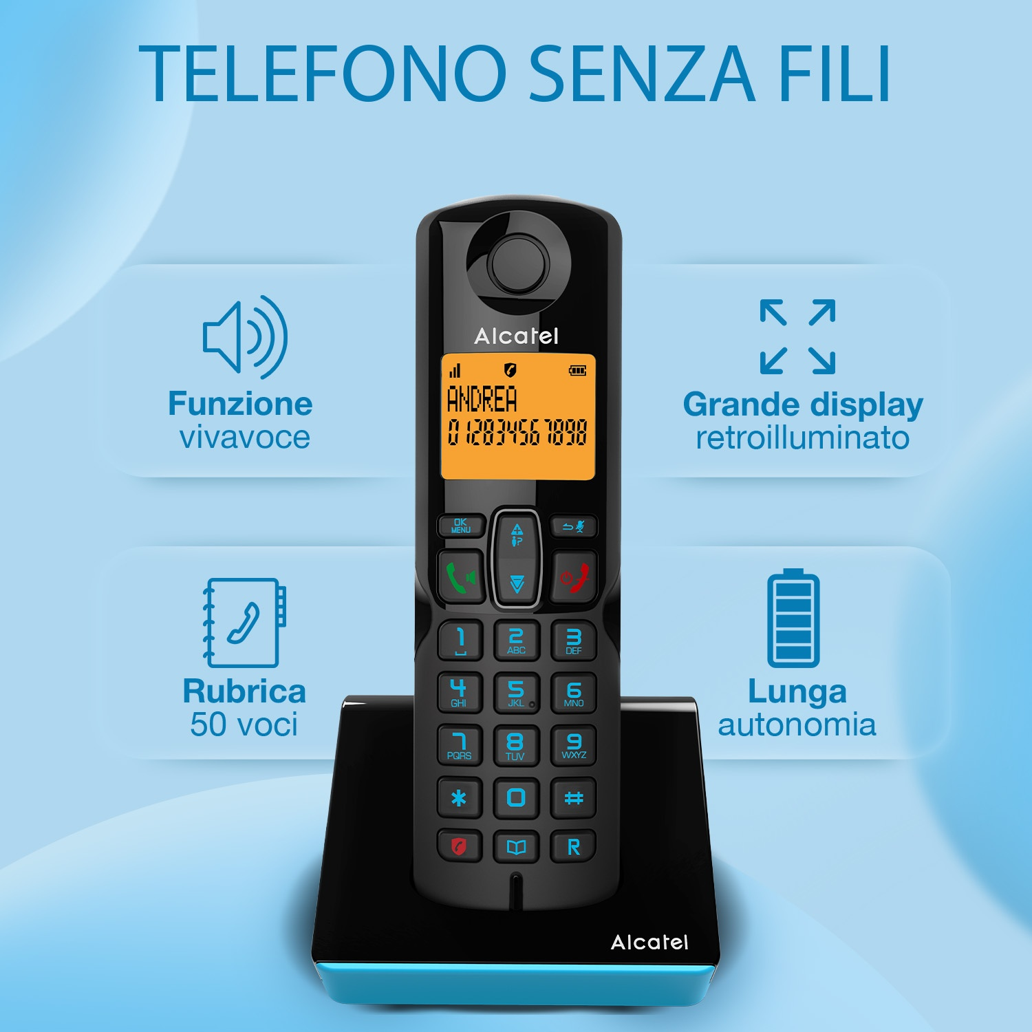 Un telefono cordless Alcatel nero su una base blu e nera. Include vivavoce, display illuminato, rubrica e lunga durata della batteria.