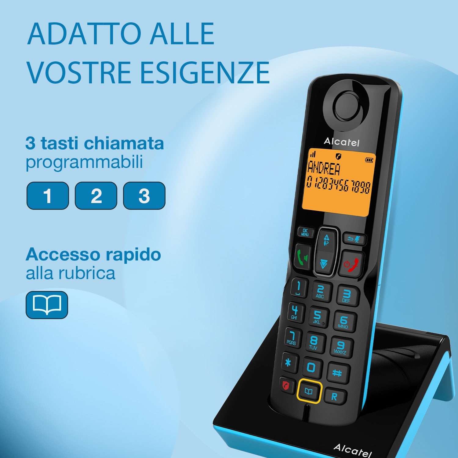 Un telefono cordless Alcatel nero e blu con schermo, mostra nome e numero. Base. Testo in italiano.