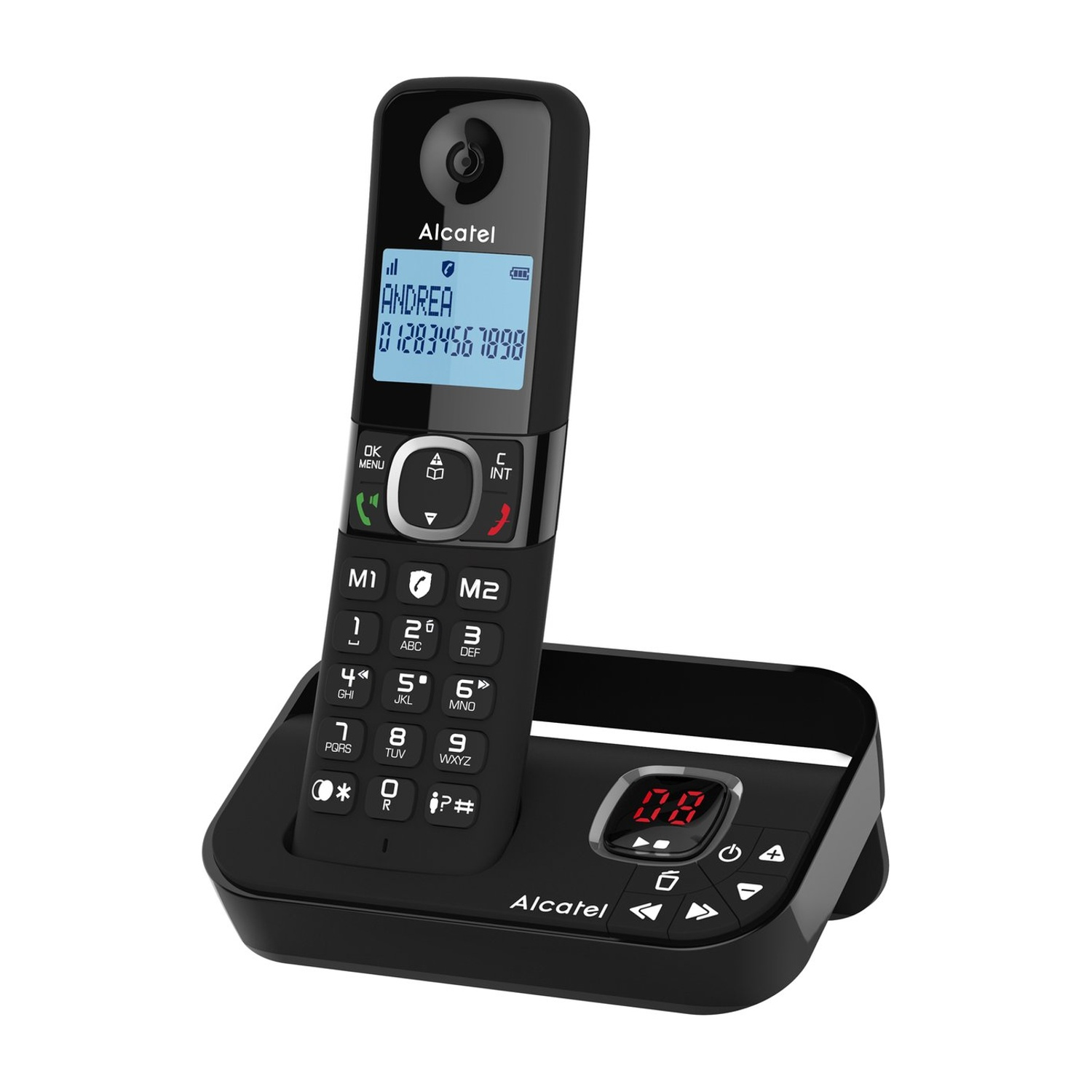 Un telefono cordless Alcatel nero con un display che mostra un nome e un numero di telefono, posizionato sulla sua base.