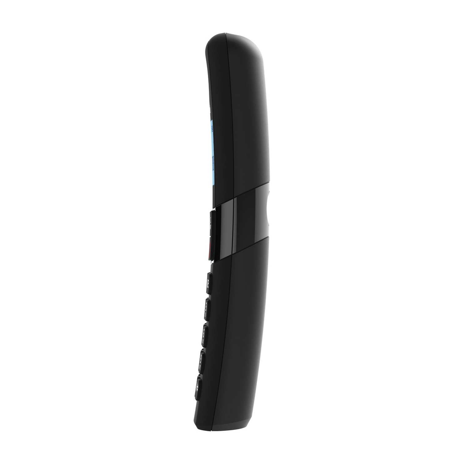 Un telefono cordless nero è visto di lato su sfondo bianco. Ha pulsanti e un piccolo schermo.