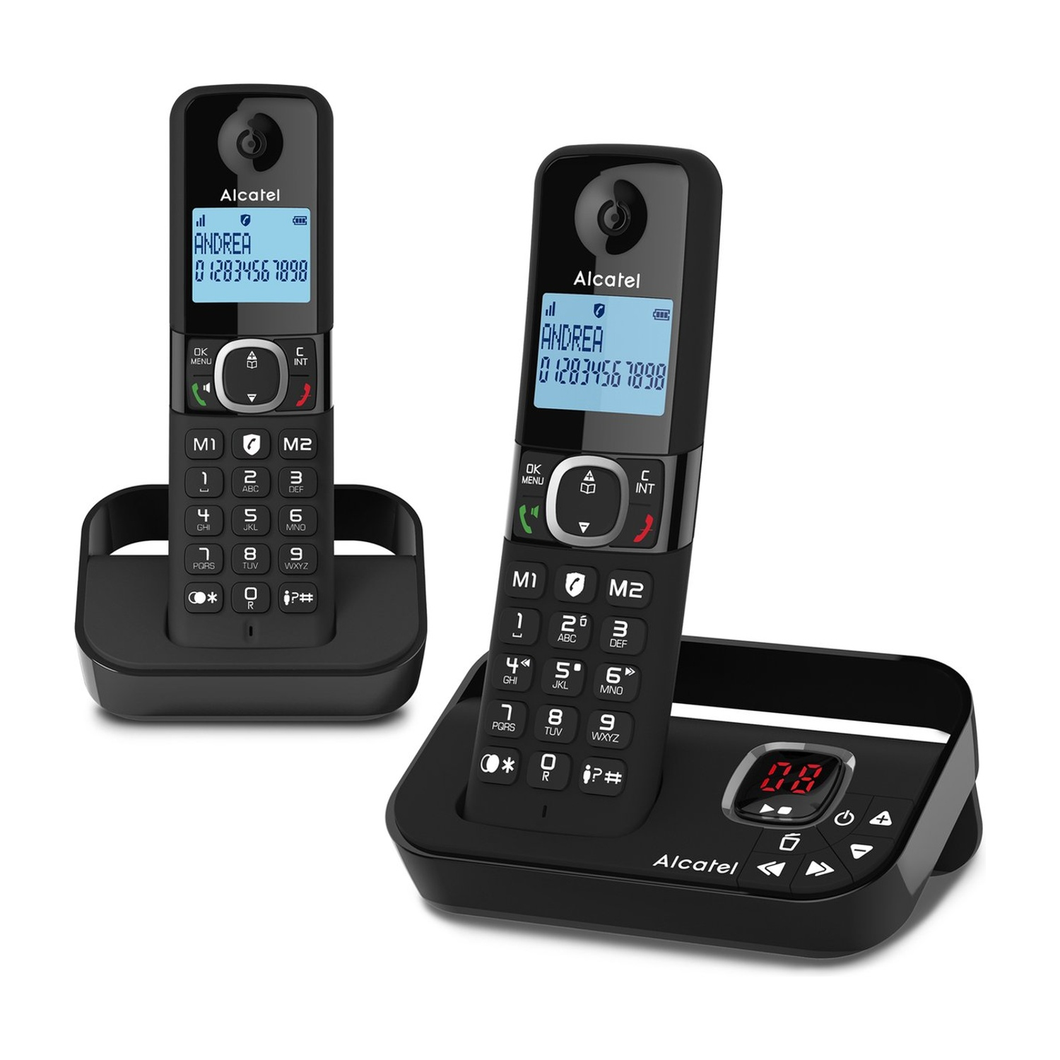 Due telefoni cordless Alcatel neri. Uno sulla sua base, che mostra nome e numero. L'altro è in piedi nella sua base.