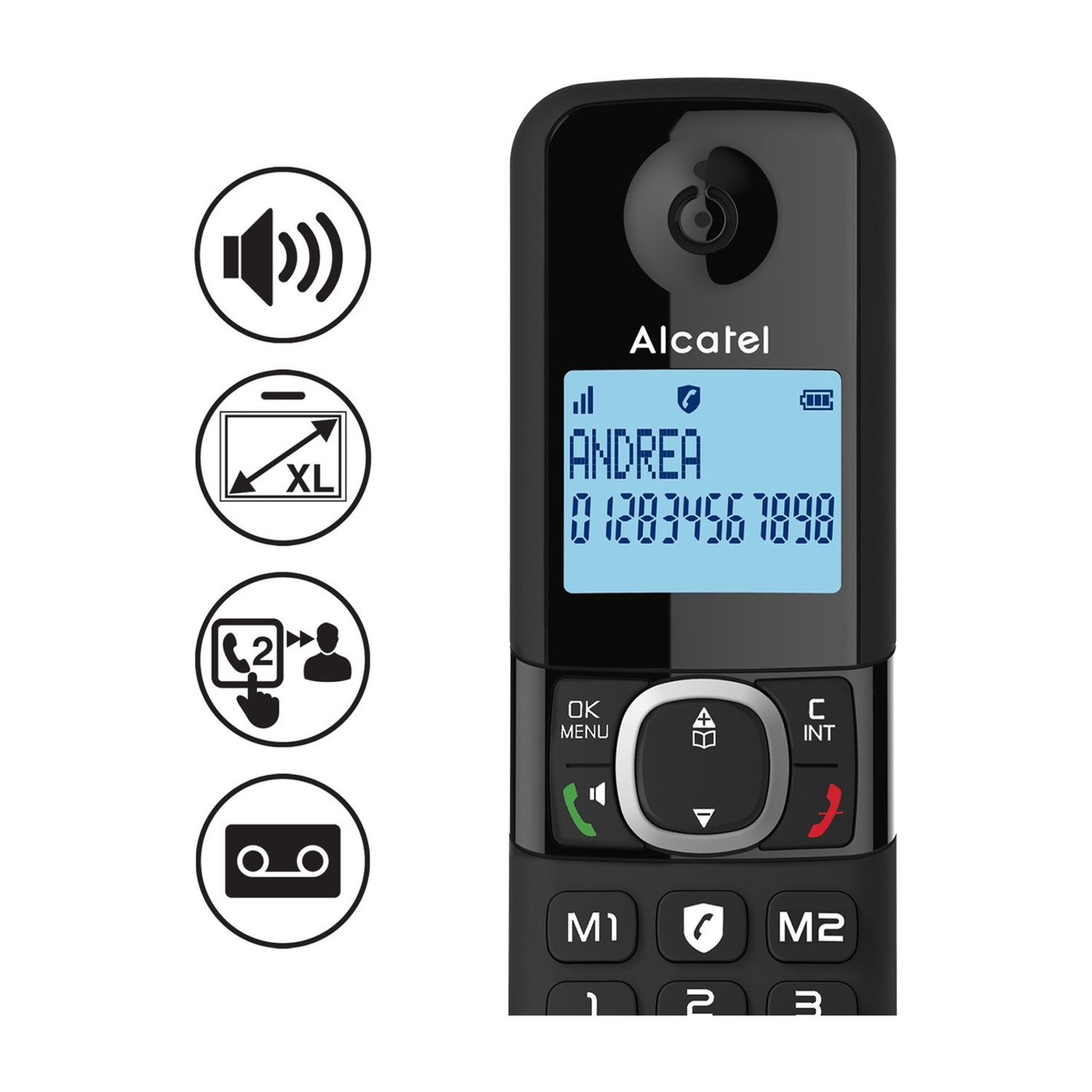 Un telefono cordless Alcatel nero che mostra uno schermo con il nome e il numero di un contatto. Icone sulla sinistra.
