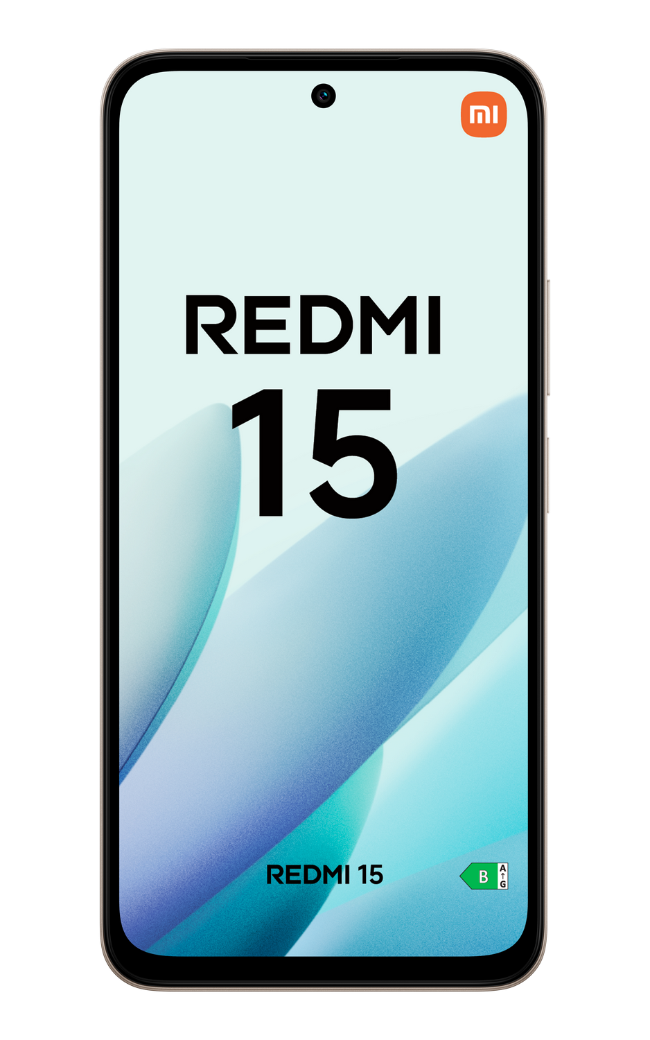 La pantalla del teléfono Redmi 15 muestra la marca y el número de modelo. El fondo tiene líneas onduladas azules y blancas.