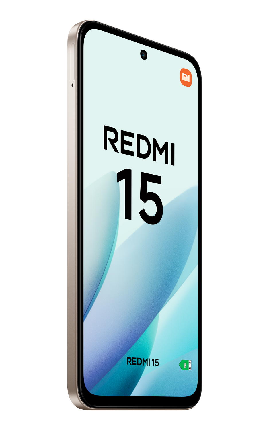 Un smartphone con marco beige claro. La pantalla muestra 'REDMI 15' y un logo. El fondo es un diseño celeste claro, fondo gris.