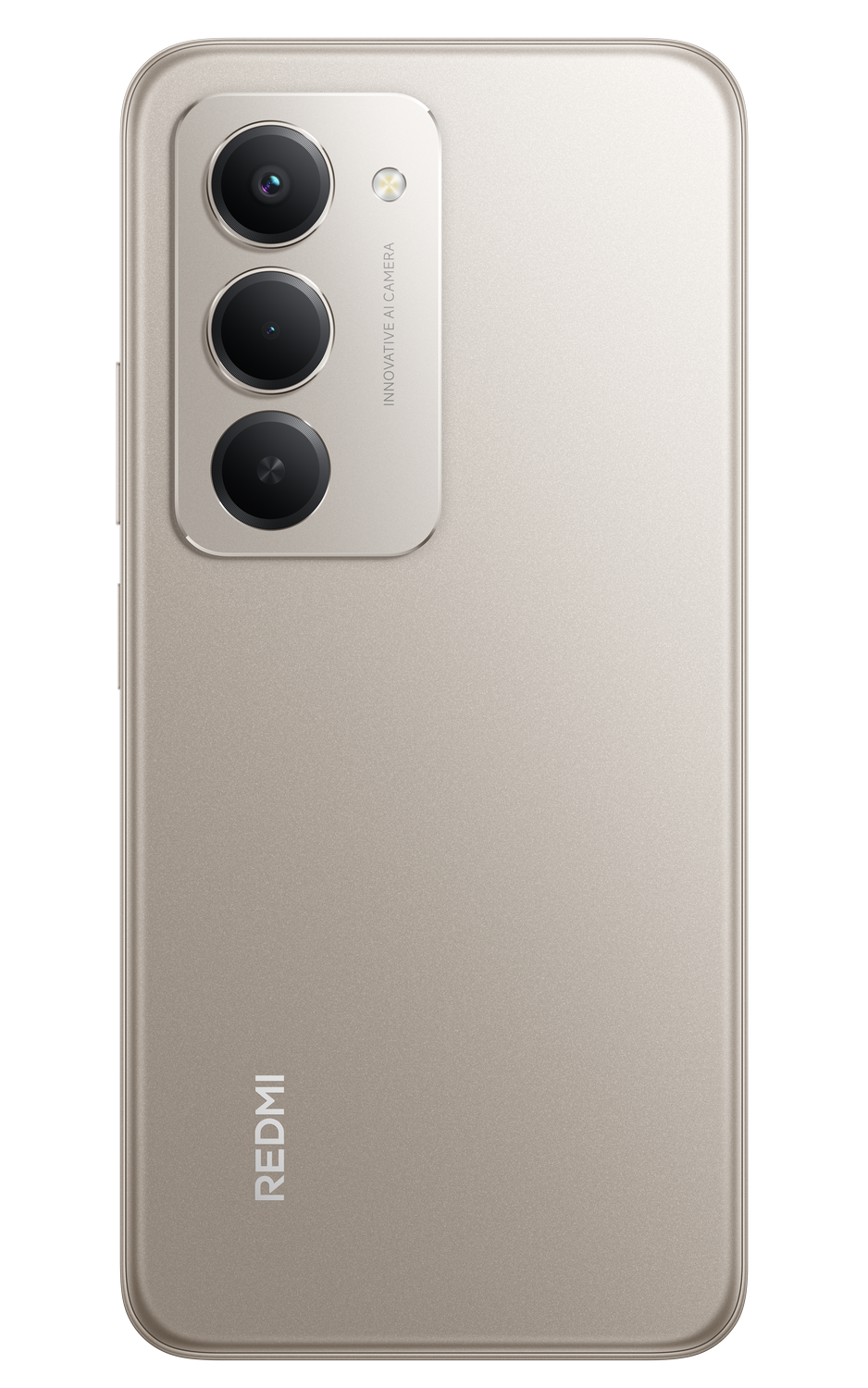 Parte trasera de un smartphone Redmi dorado con tres lentes de cámara y las palabras INNOVATIVE AI CAMERA. El logotipo de Redmi es visible.